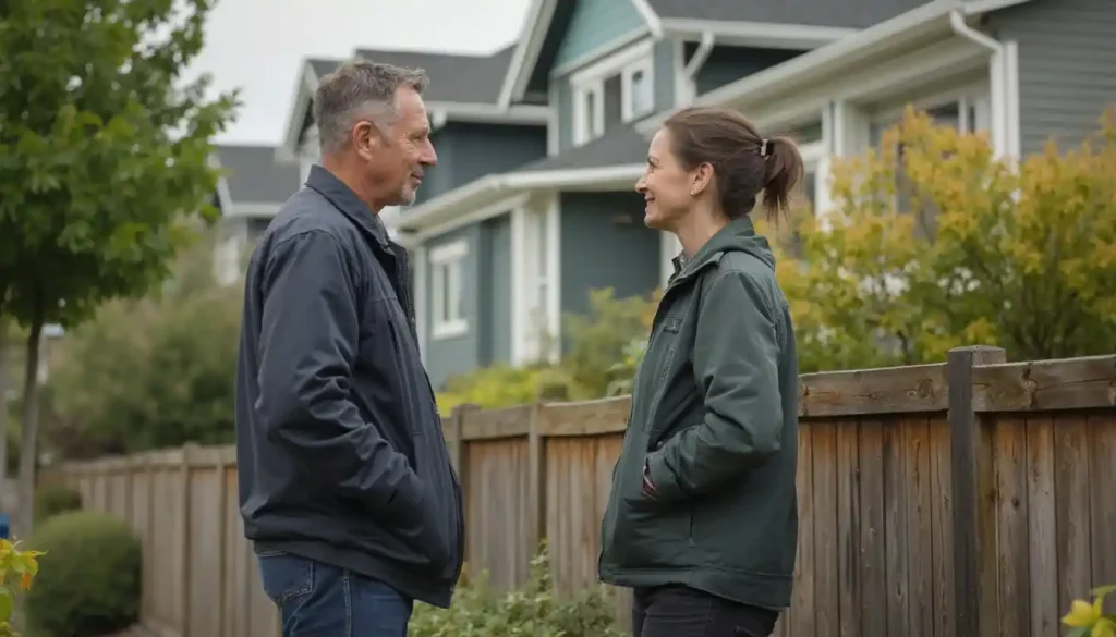 two neighbors gleefully chat with each other beside a wooden privacy fence