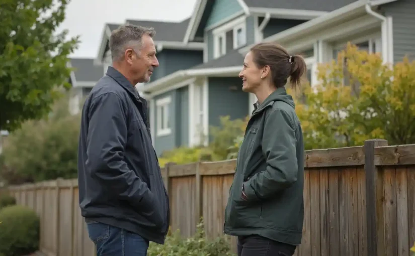 two neighbors share a pleasant discussion in front of a wooden privacy fence in Concord, NC