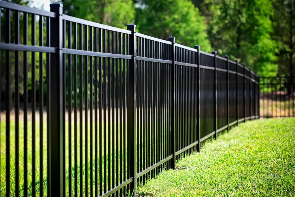 a residential aluminum fence with green trees and grasses surround it