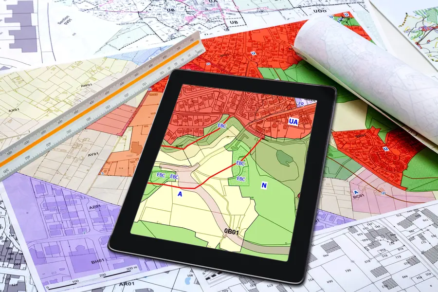 a tablet with a map loaded on the screen is set upon a mess of scattered maps
