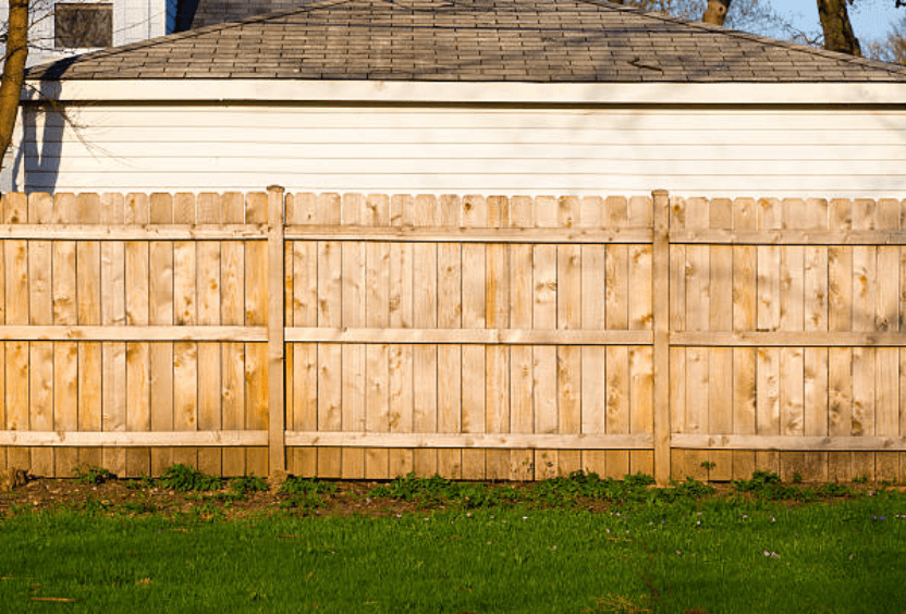 the inside view of a golden wooden privacy fence in a yard with lush green grass