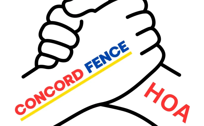 an original graphic by Concord Fence depicting two hands shaking, one hand labled Concord Fence and the other labeled HOA