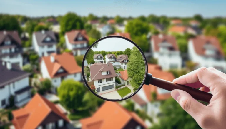 A homeowner investigating their property lines by using a metaphorical magnifying class to inspect the details from a birdseye view