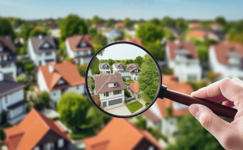 A homeowner investigating their property lines by using a metaphorical magnifying class to inspect the details from a birdseye view